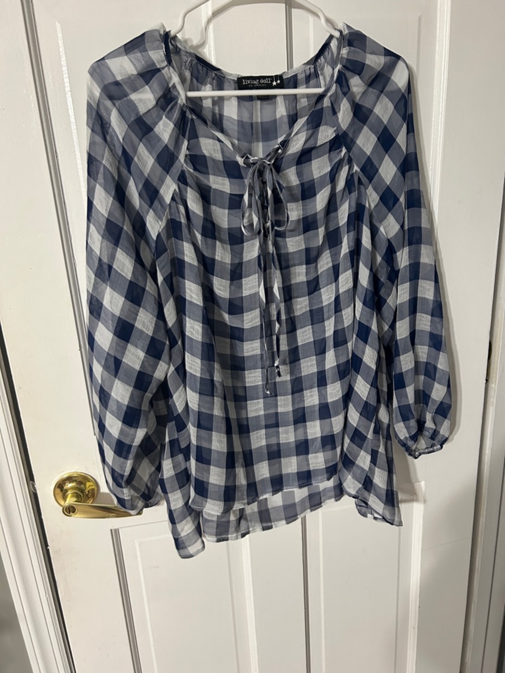 living doll Navy and White Gingham Tie-Neck Blouse